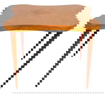 Paul T. Frankl Cork "Cloud" Dining Table: Paul T Frankl (Austrian/American, 1886-1958) "Cloud" dining table, designed in 1948, produced by the Johnson Furniture Company, cork table top with mahogany tapered legs, unmarked. 27.5" H x 35.5" W x