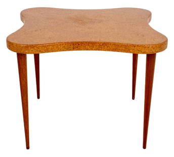 Paul T. Frankl Cork "Cloud" Dining Table: Paul T Frankl (Austrian/American, 1886-1958) "Cloud" dining table, designed in 1948, produced by the Johnson Furniture Company, cork table top with mahogany tapered legs, unmarked. 27.5" H x 35.5" W