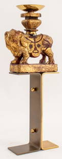 Karl Springer Gilt Wood Mount Brass Candle Pricket: Karl Springer (German/American, 1931-1991) custom-made candle pricket stand with gilt and red lacquered wood element carved into an elephant sculpture mounted upon a brass base, unmarked. 22.25" H x 9