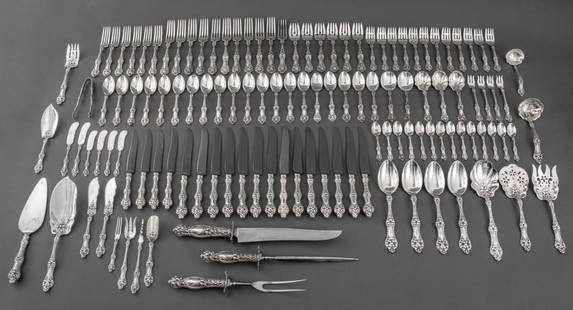 Alvin Sterling Orange Blossom Part Dinner Service: Alvin sterling silver Art Nouveau part dinner service, each piece stamped for Alvin with "sterling" and "patent" marks, many with gothic monogram "S" in the "Orange Blossom" pattern, introduced 1905,
