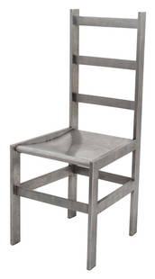 Modernist Stainless Steel Ladder Back Chair: Modernist stainless steel ladder back chair, with square back, three rungs, shaped seat and upon four square legs conjoined by stretchers. 42" H x 19" W x 17.5" D; seat: 19" H.