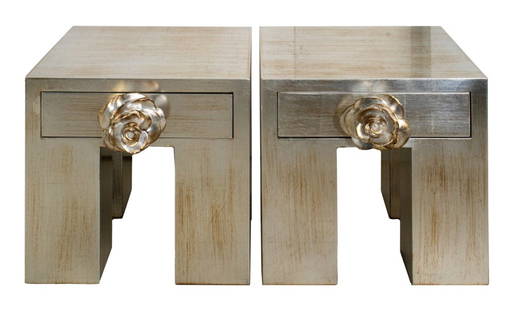 Chanel Style Art Deco Revival Camellia End Tables: Chanel style Art Deco Revival camellia flower design end tables, a pair (2) square, rubbed platinum finish, over a short drawer with Camellia-form pull on massive, upon square legs. 17.5" H x 17.5" W