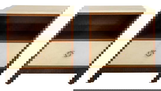 John Fischer Furniture Parchment End Tables, 2: Pair of John Fischer Furniture modern parchment end tables, each with rectangular parchment surface above a mahogany recess over a short drawer with ring pull above incurved plinth on conforming feet.