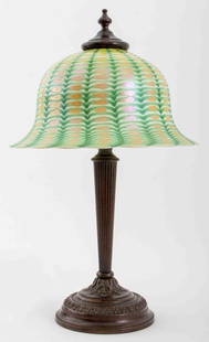 Quezal Art Nouveau Desk Lamp: Quezal student's desk lamp, American, circa 1900, the patinated Neoclassical style metal base with original fittings supporting a pulled feather glass dome with valances and flared lip, the white and