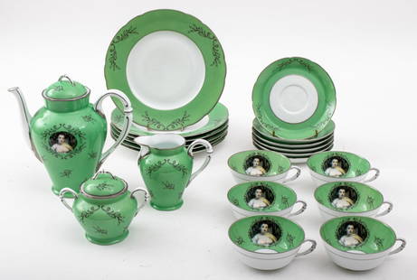 Cindy Sherman Madame de Pompadour Tea Service 1990: Cindy Sherman (American b. 1954) "Madame de Pompadour (nee Poisson) Tea Service" in green, 1990, Porcelain, glaze (photo-silkscreened), and comprising a teapot, milk pitcher, and covered sugar, with s