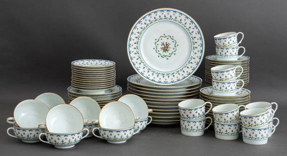 Raynaud Porcelain Lafayette Dinner Service for 12: Raynaud Limoges porcelain dinner service for twelve, each piece marked in cobalt blue overglaze, overglaze green for "Limoges" and marked "Lafayette / Sevres Pattern / ca. 1790, Louvre Museum" to unde