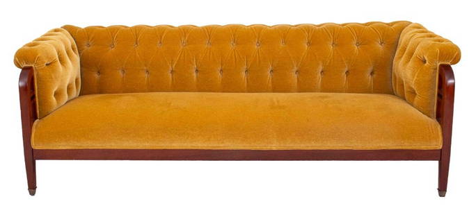 Swedish Art Nouveau Mahogany Sofa: Swedish Art Nouveau Jugendstil style mohair upholstered mahogany sofa, with buttoned back and seat with scrolling arms, the fronts with down-turned mahogany supports with horizontal supports. 29.75" H