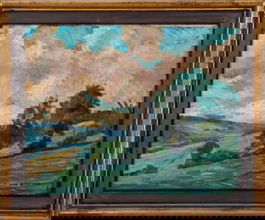 David Burnand Landscape Oil on Canvas: David Burnand (French, 1888-1975) oil painting on canvas depicting an Impressionist landscape with trees beneath a vivid blue sky, signed lower right, housed in a painted and gilt wood frame. Image: 1