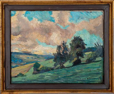 David Burnand Landscape Oil on Canvas: David Burnand (French, 1888-1975) oil painting on canvas depicting an Impressionist landscape with trees beneath a vivid blue sky, signed lower right, housed in a painted and gilt wood frame. Image: 1