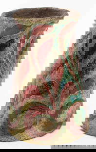 Zsolnay Pecs Iridescent Earthenware Vase, ca. 1900: Zsolnay Pecs iridescent ceramic earthenware vase, circa 1900, cylindrical with flaring lip, the sides in rough textured iridescent glaze decorated with calligraphic leaf designs in deep red iridescenc