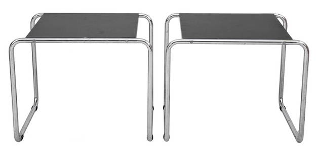 Marcel Breuer for Knoll Laccio Side Tables, 2: Marcel Breuer (Hungarian/American, 1902-1981) for Knoll pair of Modernist "Laccio" end or accent tables, raised on tubular chrome metal bases surmounted by black laminate tops. Each: 18" H x 21.5" W x