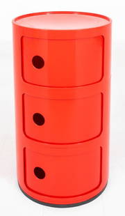 Castelli Kartell 'Componibili' Modern Red Drawer: Anna Castelli Ferrieri (Italian, 1918-2006) for Kartell Mid-Century Modern Design 'Componibili' stackable drawer element in red molded plastic, marked on bottom. 23" H x 12.5" diameter.