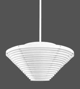 Alvar Aalto Mid-Century Ceiling Pendant Lamp: Alvar Aalto (Finnish, 1898-1976) Mid-Century Modern white enameled aluminum hanging ceiling pendant lamp with concentric circle design. 33" H x 19" diameter. Provenance: From a Rye, N.Y. collection.