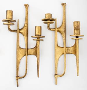 Felix Agostini Attr. Brutalist Bronze Sconces, Pr.: Pair of Felix Agostini (Italian, 1910-1980) attributed Brutalist modern wall sconces in polished bronze, each with two light sockets. 18" H x 9" W x 4" D.