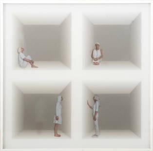 Margeaux Walter "Cubicles" Contemporary Photograph: Margeaux Walter (American, b. 1982) "Cubicles 1 C" 3D lenticular photograph with figures that appear to move, numbered edition 2/5 to verso, housed under glass in a white frame. Image: 30" H x 30" W;