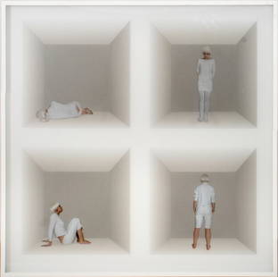 Margeaux Walter "Cubicles" Contemporary Photograph: Margeaux Walter (American, b. 1982) "Cubicles 1 D" 3D lenticular photograph with figures that appear to move, numbered edition 2/5 to verso, housed under glass in a white frame. Image: 30" H x 30" W;