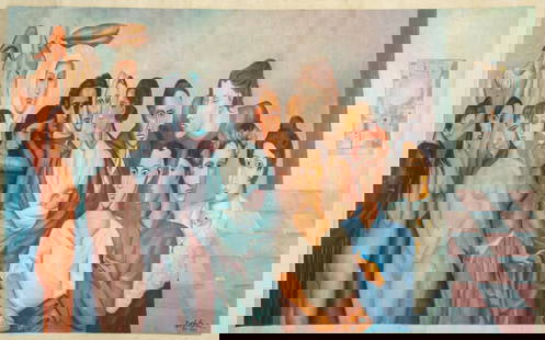 Delacruz "Surrealist Homage to Picasso" Oil, 1984: Delacruz (XX) "Surrealist Homage to Picasso" oil painting on canvas, 1984, depicting a composition of famous portraits by Pablo Picasso (Spanish, 1881-1973) from various periods including his Blue and
