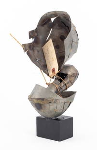 Seymour Lipton Abstract Modern Sculpture: Seymour Lipton (American, 1903-1986) Abstract Expressionist modern sculpture study, welded metal, unsigned, with old attached tag marked "348 Unidentified M37," mounted on a black painted wood base. 1