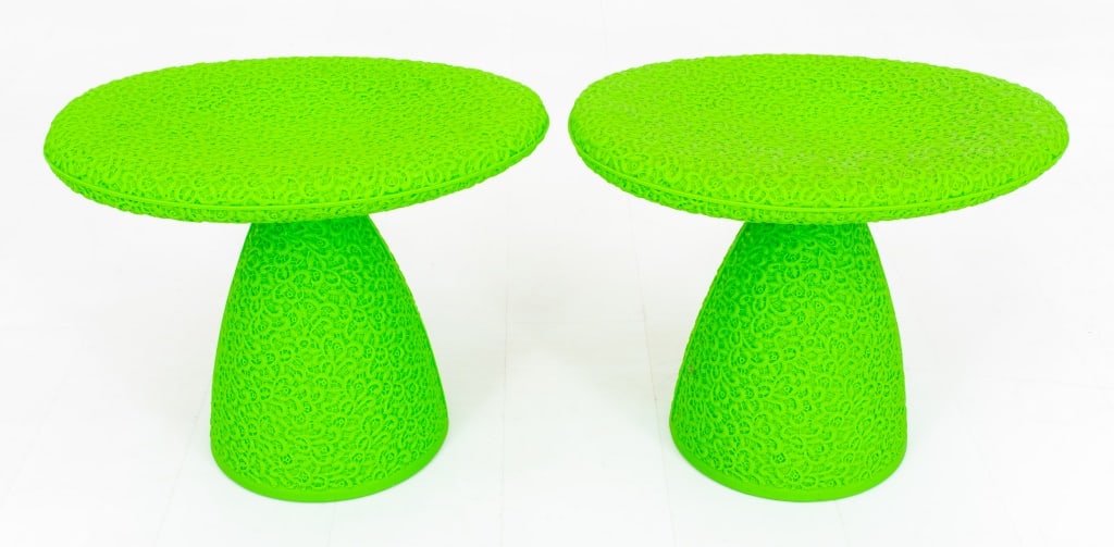 Marcel Wanders for Moroso "Shitake" Stools, Pr: Pair of Marcel Wanders (Dutch, b. 1963) for Moroso "Shitake" contemporary modern stools in green laced molded polyethylene, molded manufacturers marks on bottom. 16.5" H x 21" W x 15" D. Provenance: P