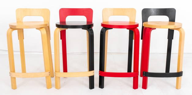 Alvar Aalto Artek Mid-Century Modern High Stools 4: Set of four Alvar Aalto (Finish, 1898-1976) for Artek Mid-Century Modern low back high chairs or stools in natural wood, red and black color scheme, made in 2011 and 2015, marked on bottom. 28" H x 14