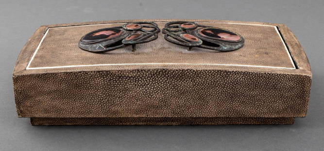 R&Y Augousti Art Nouveau Style Shagreen Table Box: R & Y Augousti shagreen table box, the cover mounted with scrolling Art Nouveau style verdigris patinated metal handles with mother-of-pearl accents, marked "R&Y Augosti / Paris" to underside. 3.5" H