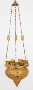 Moroccan Gilt Brass Six Light Oil Lamp Pendant: Moroccan gilt brass reticulated six-light hanging oil pendant lamp on openwork chains. 40" H x 11" diameter.