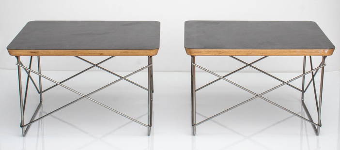 Eames for Herman Miller LTR Side Tables, Pr: Pair of Eames for Herman Miller Modern LTR side tables with black tops, marked on bottoms. 10" H x 15.5" W x 13.25" D. Provenance: Property from the Estate of a Brooklyn collector of fashion and desig