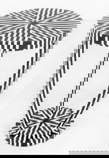 Psychedelic Dazzle Camouflage Center Table: Psychedelic painted circular center table or gueridon table in the Art Deco taste, painted in black and white dazzle camouflage. 30" H x 20" diameter. Provenance: Property from the Estate of a Brookly
