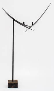 Mid-Century Modern Abstract Candelabra, 1960s: Mid-Century Modern two-light candelabra, likely 1960s or later, in the form of two abstracted Brutalist arrows, birds, or leaves crossing in space with two slender candle mounts, on a tall support on