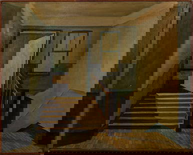 Mid-Century Modern Doorway Oil on Canvas: Mid-Century oil painting on canvas depicting an interior scene, unsigned, housed in a wood frame, possibly 1940s or later. Image: 22" H x 28" W; frame: 22.5" H x 28.5" W.