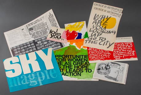 Sister Mary Corita Kent Ephemera Archive: Group lot of Sister Mary Corita Kent (American, 1918-1986) ephemera comprising two Fall 1966 "Church in Metropolis" posters, one gallery invite postcard, two Summer 1966 "Church in Metropolis" posters