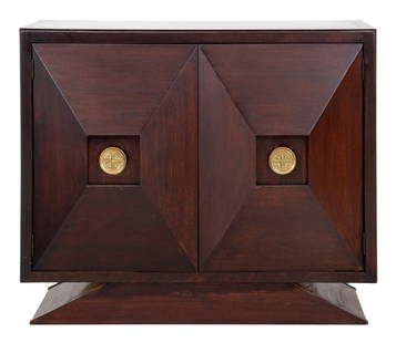 James Mont Manner Asian Modern Two Door Cabinet: James Mont (American, 1904-1978) manner Asian Modern two door cabinet, the rectangular top above two square paneled doors centering double happiness pulls, the doors opening to reveal a drawer and fit