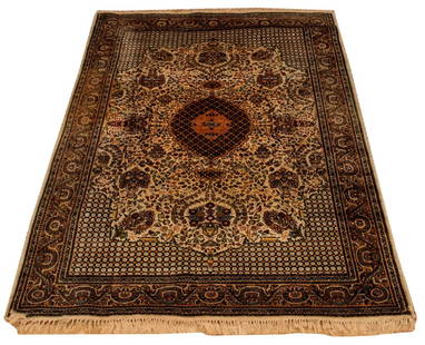 Persian Tabriz Rug, 9' x 6': Persian Tabriz carpet with scrolling geometric design encircling a central floral medallion. 9' 5" L x 6' W.