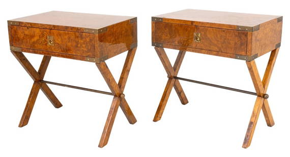 Campaign Style Brass Mounted Burlwood End Tables: Pair of Campaign style brass-mounted burlwood end or side tables, of rectangular form, each with brass-bound corners and single drawer with flush ring pulls. 21" H x 18.75" W x 13" D. Note: This item