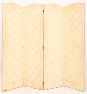 Louis XVI Architectural Painted 4 Panel Screen: Louis XVI manner Hollywood Regency trompe l'oeil faux architectural four panel screen, each panel painted in the style of wood paneling or boiseries. Each panel: 66" H x 17.75" W; total length: 72" L.