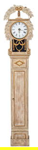 Gustavian Neoclassical Style Tall Case Clock: Gustavian Neoclassical style tall case clock, using an old 19th century French enamel dial signed Lavasseur, the case in cerused wood and parcel gilded. 88" H x 14" W x 6" D.