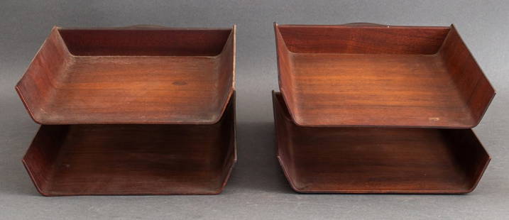 Florence Knoll Vintage Walnut In & Out Boxes, 60s: Pair of Florence Knoll (American, 1917-1919) vintage molded walnut wood "In and Out" boxes or letter trays, each on cantilever swing arm, with original Knoll labels, circa 1950-1960s.