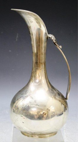 Georg Jensen Style Silver Carafe: Silver carafe, in the style of Georg Jensen, German; marked with "800" silver mark and unknown maker's cipher. Dimensions: 5"diameter x 10"H