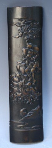 Chinese Zitan Carving of Figures 19th C: Zitan carving of figures with clouds and bats, China, nineteenth century; unmarked. Dimensions: 10" long x 2-1/2"W