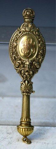 14K Yellow Gold Folding Glasses: Small folding handheld prescription glasses with decorative scrollwork, 14k yellow gold; marked. Dimensions: when closed 4-1/4"H x 1-1/8"W x 1/2"D; glasses 1-1/8"H x 4"W