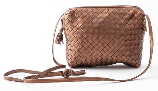Bottega Veneta Copper Braided Leather Handbag: Bottega Veneta dark copper-colored braided leather handbag / purse, made in Italy, leather and satin inner lining, includes an interior tag stating the certificate of authenticity serial number, comes