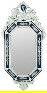 Venetian Glass Blue & White Mirror: Venetian glass blue and white mirror with floral motif. 47" H x 20.5" W.