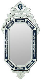 Venetian Glass Blue & White Mirror: Venetian glass blue and white mirror with floral motif. 47" H x 20.5" W.