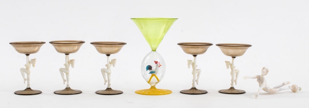 Frit Lampl Bimini Werkstatte Glass, 7 pcs.: Seven articles of Bimini Werkstatte glass comprising six pieces of Fritz Lampl (Austrian, 1892-1955) Art Deco figural glass of five sherry cups in smoky gray glass with white glass female nude form st