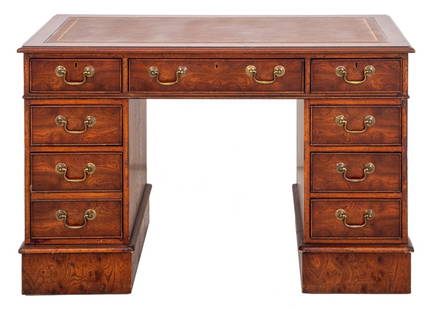 Edwardian Mahogany Partner's Desk: Edwardian mahogany wood partner's desk, rectangular with tooled leather top and nine drawers. 30" H x 48" W x 24" D.