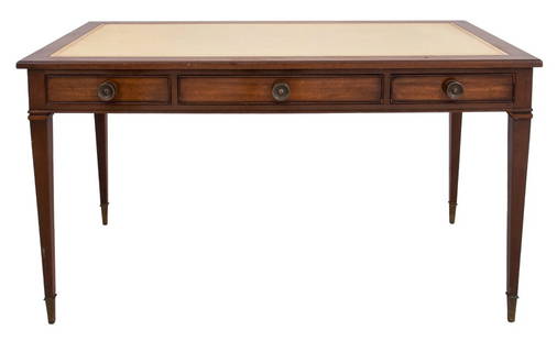 Vintage George III Style Mahogany Desk: Vintage George III style mahogany desk, rectangular with gilt-tooled cream leather inset rectangular top above three short drawers, the interior of the central drawer marked "Kittinger Buffalo",