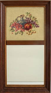 Trumeau Mirror with Needlepoint Still Life Panel: Trumeau mirror with a needlepoint still life panel, backed by hand-made wallpaper, housed in a wood frame. 27.25" H x 15" W.