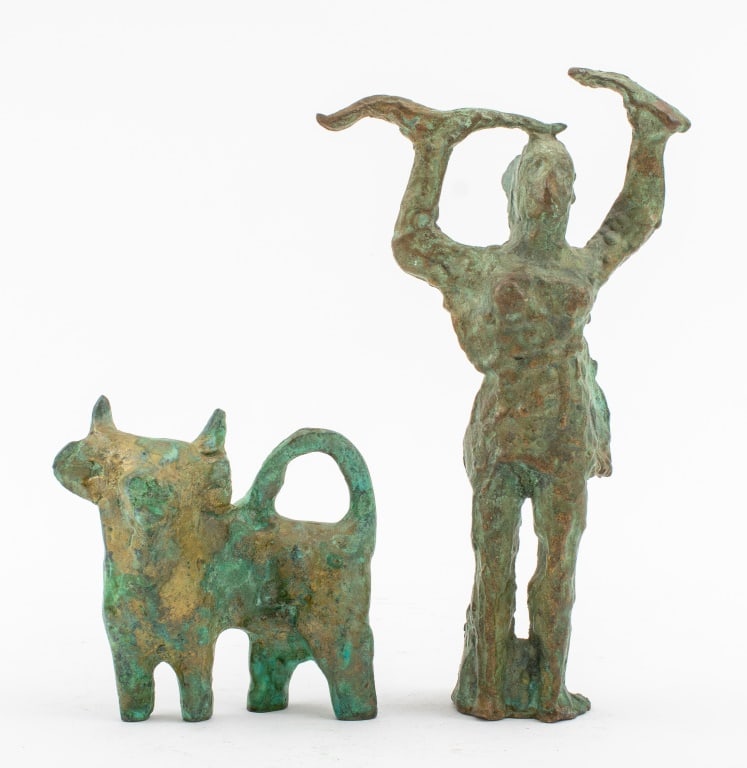 Italian Brutalist Verdigris Bronze Minoans Group: Italian Brutalist verdigris bronze group of two sculptures, "Minoans" one depicting a Knossos Snake Priestess, the other a bull. 8" H.