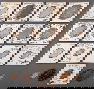 Early British Coins, 17 Pieces: Group of seventeen (17) early British coins comprising three (3) English Victorian pennies, one 1867 penny, one 1885, and one 1892, one (1) 1723 silver shilling, one (1) 1926 silver six pence coin, on