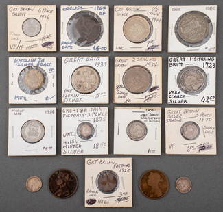 Early British Coins, 17 Pieces: Group of seventeen (17) early British coins comprising three (3) English Victorian pennies, one 1867 penny, one 1885, and one 1892, one (1) 1723 silver shilling, one (1) 1926 silver six pence coin, on